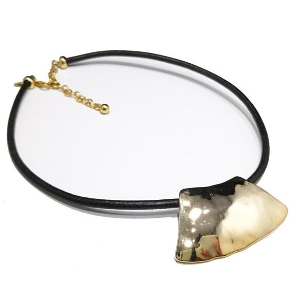 Chico's Gold Pendant Black Leather Necklace, Reflective Gold Tone, 20 Inches - Picture 2 of 8